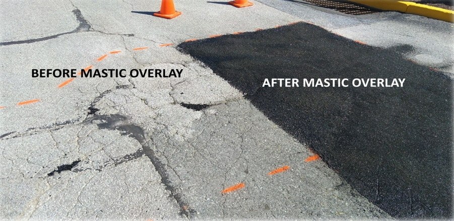 Hot mastic asphalt repair before and after mastic overlay on cracked pavement